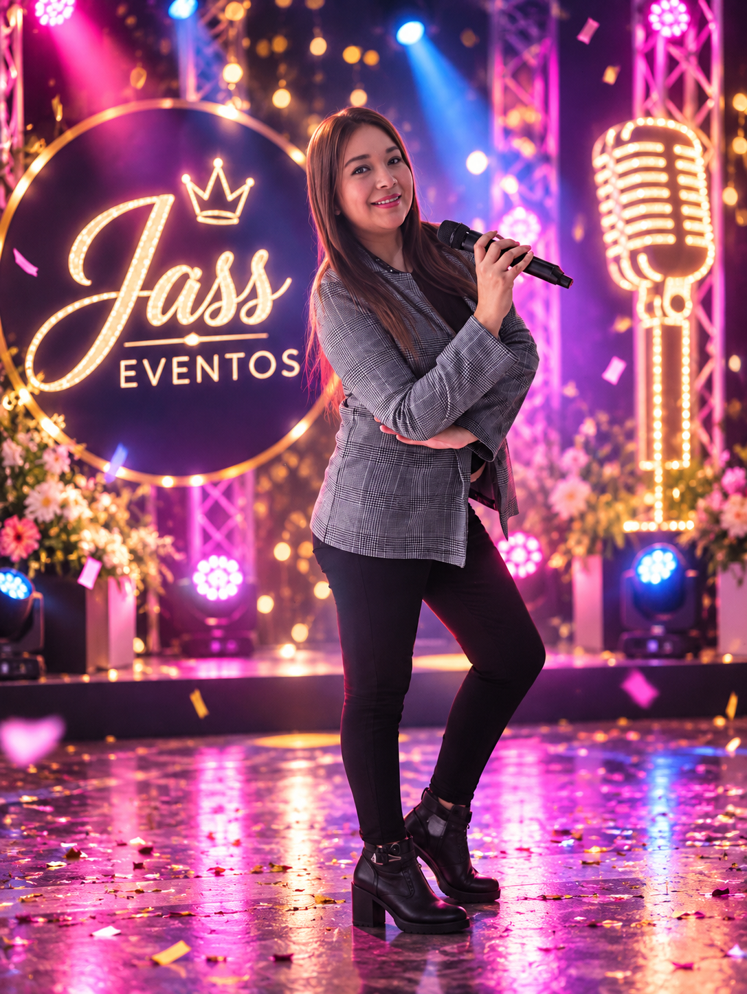 Jass, animadora de Jass Eventos, con micrófono en un escenario festivo